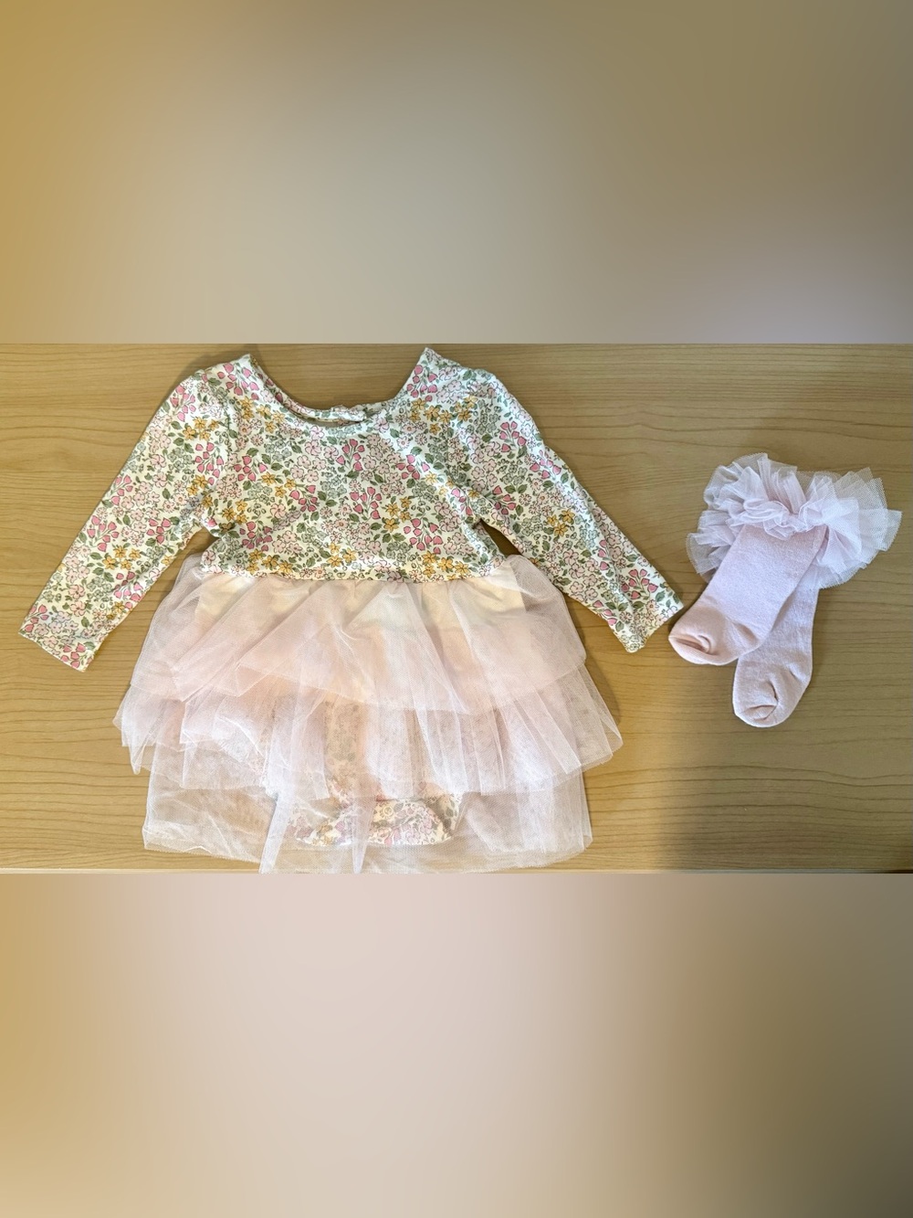 Girls Pink Floral Tulle Dress with Ruffle Socks